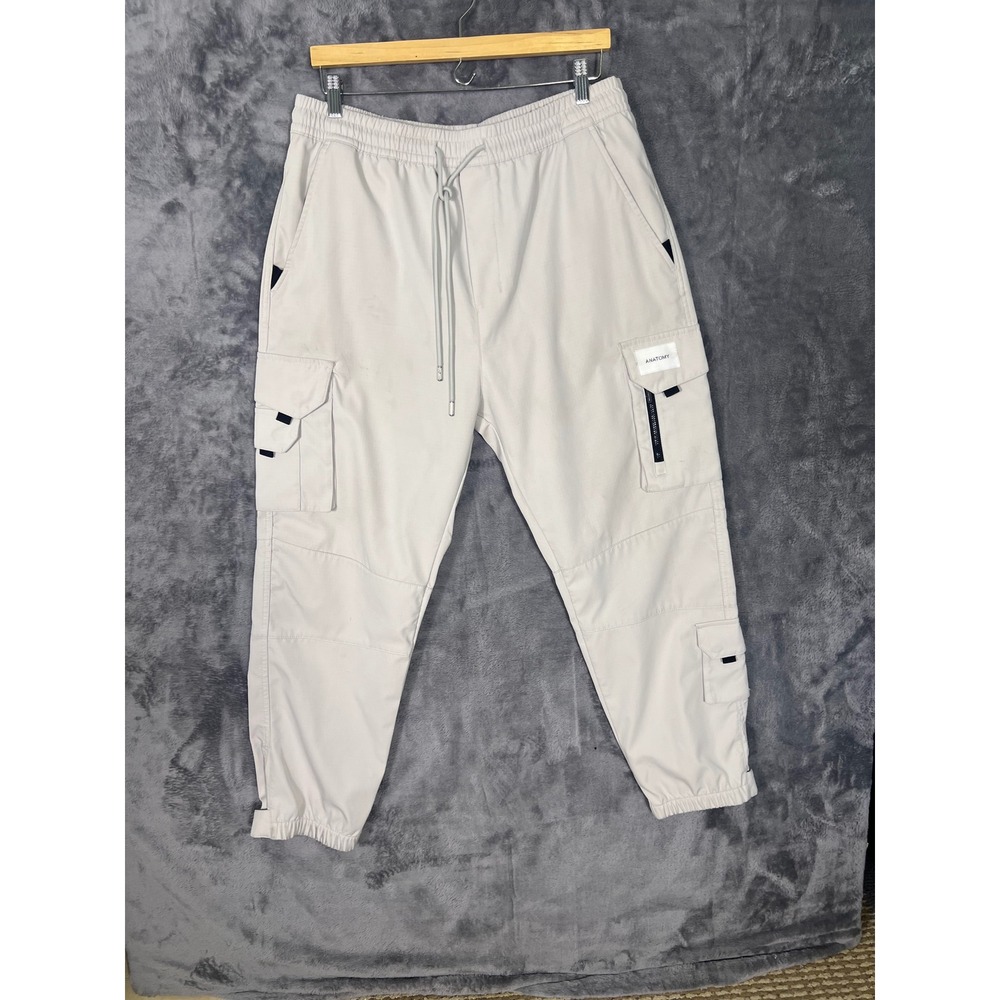 Anatomy Mens Cargo Pants Light Grey Ripstop Techwear Joggers Elastic Waist
